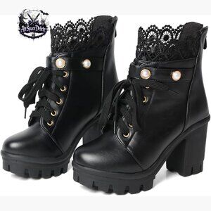Platform Ankle Booties with Chunky Heel, Zipper, Bead & Lace Details